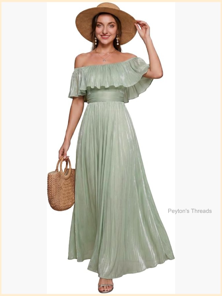 Off Shoulder Maxi Shimmer Flowy Semi Formal Beach Wedding Guest Dress